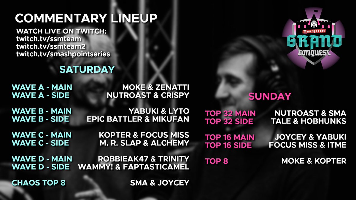 SSMTeamUK's tweet photo. Presenting the commentary lineup for #MGCQ this weekend 🎙️
Tune in live to the 3 streams this weekend for North West England's premier event of the year 🏆
Bracket requests are now CLOSED and pools are LOCKED🔒
https://t.co/ei5HzURJDZ https://t.co/7yq2hnAdn0