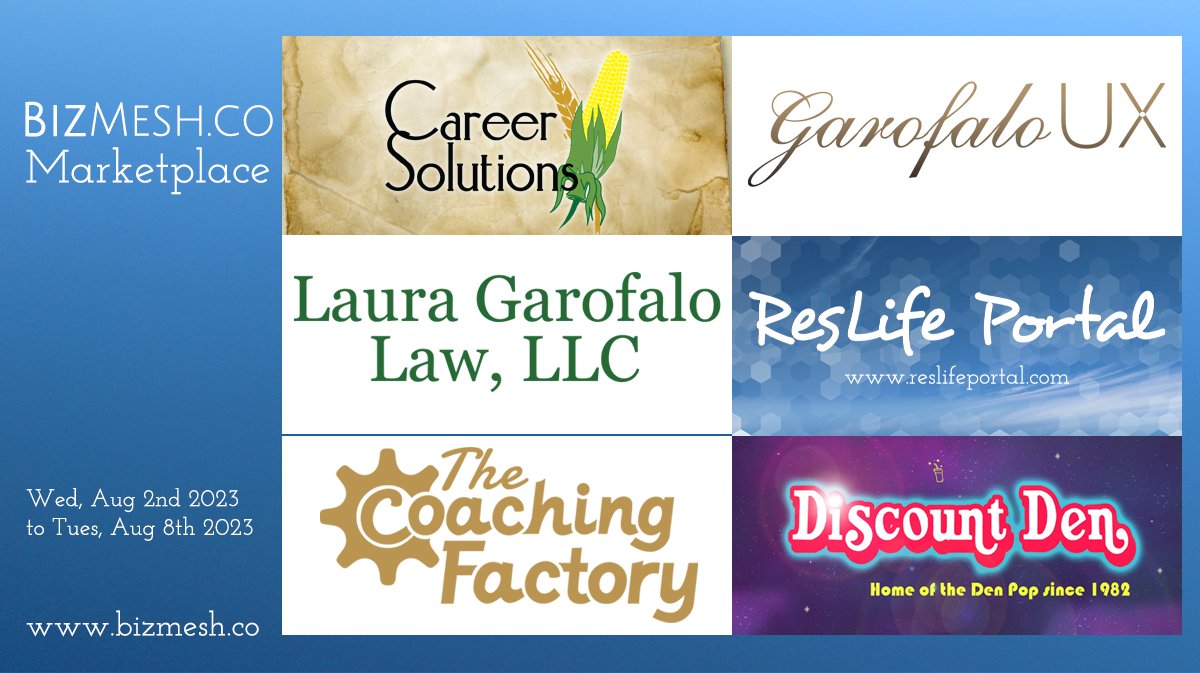 bizmesh's tweet photo. Weekly Marketplace! Check out Career Solutions Co., Garofalo UX, Laura Garofalo Law, ResLife Portal, The Coaching Factory, & Discount Den. https://t.co/8H9mdpfzPd #entreprenuer #entreprenuership #smallbiz #smallbusiness #BizMesh #MeshTogether #supportsmallbusinesses https://t.co/dPYBPVCbd6