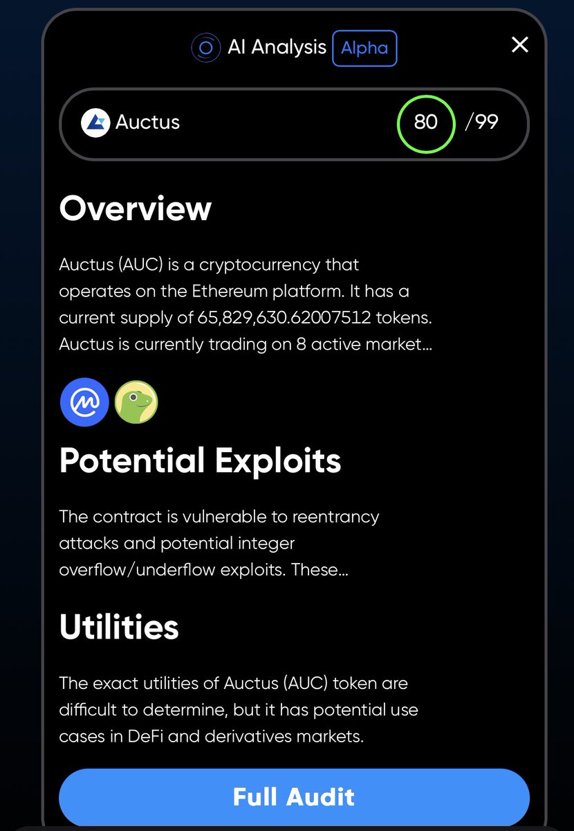 LordTLab's tweet photo. Hey, @AuctusOptions ( $AUC ). Check out your full #ARCAudit score using $ARC Swaps AI.
https://t.co/CQ0IHXRTBj
@DeFi_ARC ’s mission is #SecuringWeb3 with #SwapsAI.
Use Discord link below in comments if you would like to discuss this audit https://t.co/crj44z48Zk