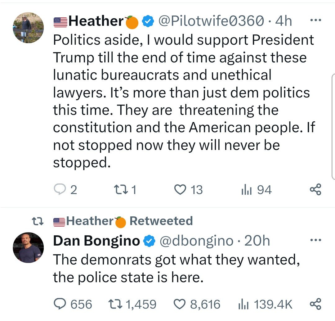 GlennPearson373's tweet photo. @Pilotwife0360 is a damn joke. Says she puts politics aside then retweets Dan Bongino. 🤣The corrupt lawyers are 5 of the unindicted co-conspirators. The Founding Fathers feared someone like Trump and supporters like looney "Heather". #TrumpIndictment #MAGACult #avgeeks https://t.co/49RTuEJwXk