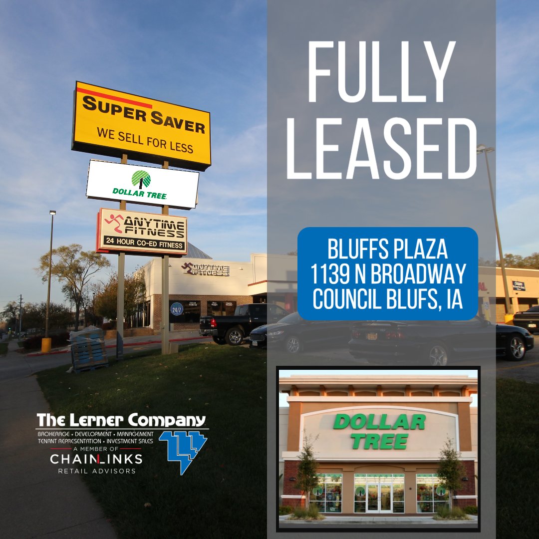 FULLY LEASED | Excited to announce that the multi-tenant project at Bluffs Plaza has been fully leased. Dollar Tree Storesi s taking the FINAL spot, joining Super Saver and Anytime Fitness. Congrats to Sara Hanke and Boh Kurylo for bringing the center to full occupancy.