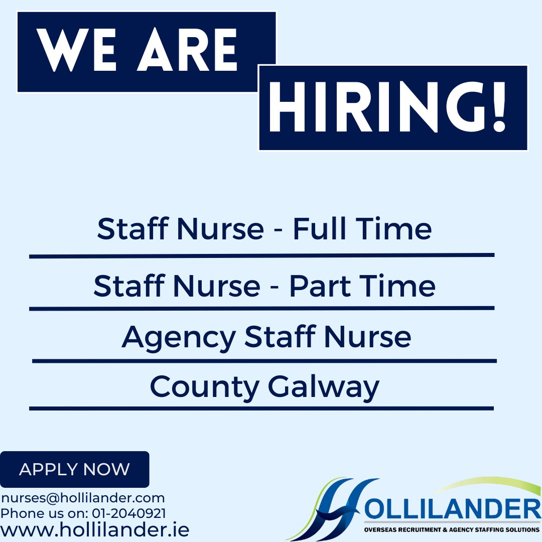 Hollilander Healthcare Recruitment are actively looking for candidates for the following roles in County Galway.

If this is something you are interested in, please contact nurses@hollilander.com

#hollilanderrecruitment #healthcarerecruitment #galwayjobs