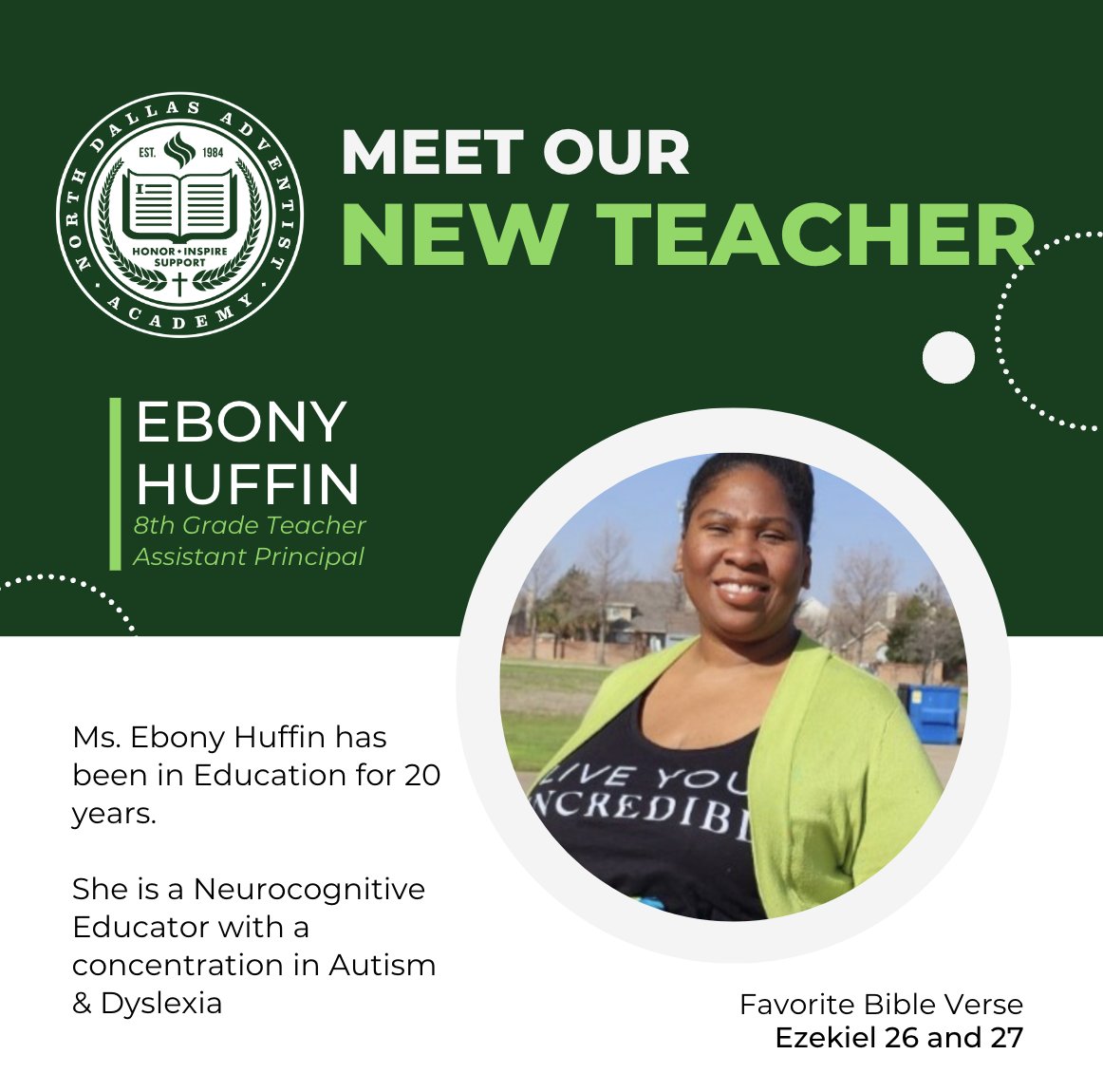 As part of our new staff introduction series, we proudly introduce Ms.  Ebony Huffin as our 8th-grade teacher and Lower School Assistant Principal. #adventisteducation