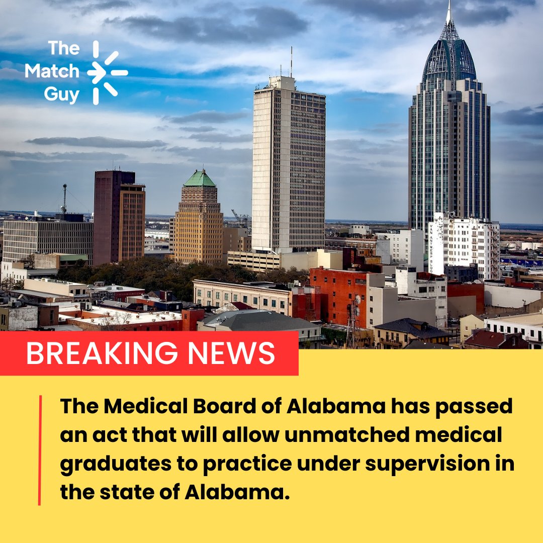Are you an unmatched MD in Alabama? then you might want to check this out!

Read more: albme.gov/licensing/md-d…

#Unmatched #UnmatchedMD #Match2023 #Match2024 #USMLE #ERAS #Alabama
