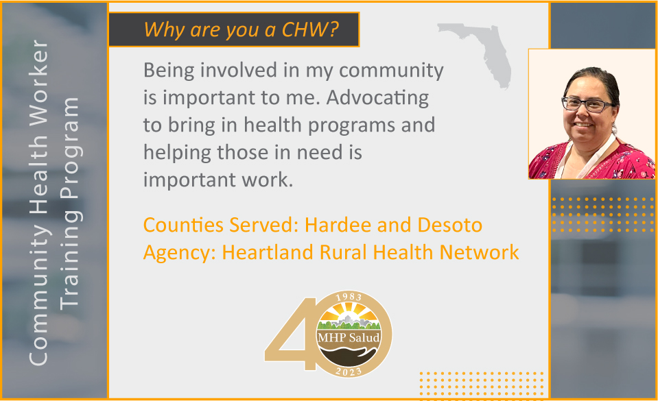 MHPSalud's tweet photo. Meet Rebecca Sanchez Ibarra, our Florida CHW Training Program Trainee! She serves the Hardee and DeSoto Counties. Here's her impact on the community, and why CHW certification is important to her.
#buildinghealthycommunities #40yearsforward #communityhealthworkers #CHW #mhpsalud https://t.co/x79SE0BDnh