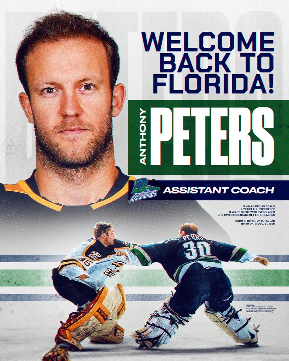 FL_Everblades's tweet photo. BREAKING: The Florida Everblades have announced Anthony Peters as our new assistant coach. Welcome back to Florida, Anthony! 🐊 https://t.co/CfMcRtItBi