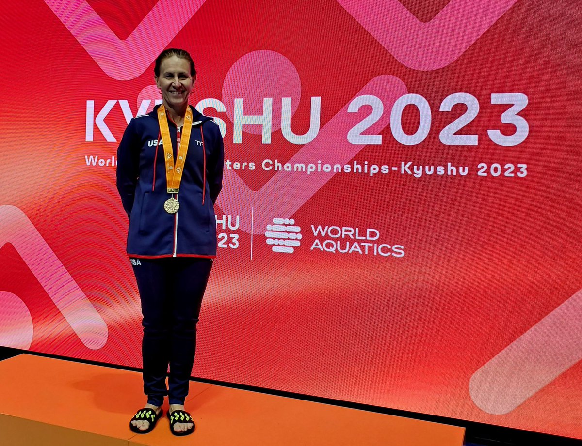 Congratulations to Falcon Diving Coach Jennifer Mangum!  While competing at World Master Diving Championships, she gold medaled in the age 55-59 1M Springboard event.  She out dueled Great Britain (Silver) and Germany (Bronze).  Go USA!  Way to go Coach Jen!  #FalconPride