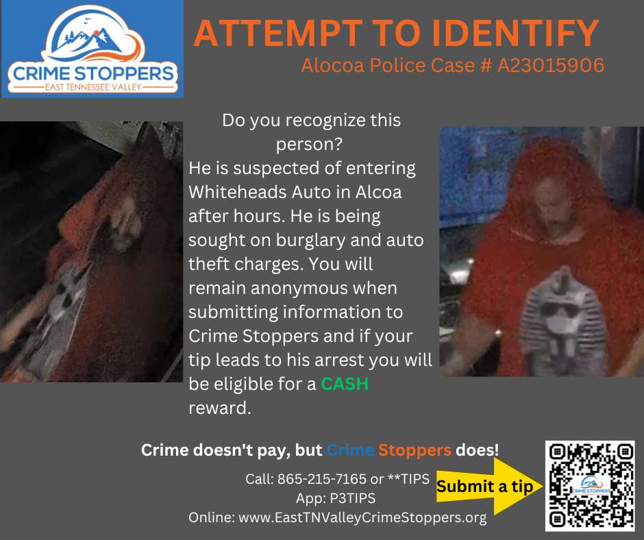 tn_crime's tweet photo. We need your help identifying this suspect. If you recognize him contact East Tennessee Valley Crime Stoppers. The information you provide may result in a CASH reward.
#CrimeStoppers @AlcoaPolice https://t.co/yNxwM0spsL