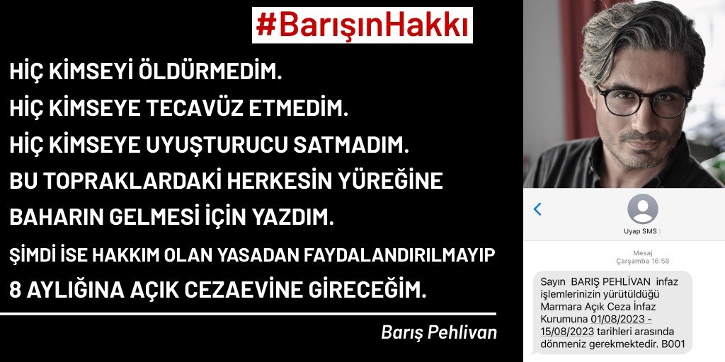 degirmencirfan's tweet photo. Barış gazetecidir ve gazetecilik suç değildir. Katiller, tecavüzcüler, çeteler, hırsızlar dışardayken #BarışınHakkı bu mu? @barispehlivan https://t.co/pf9V0xAlxR