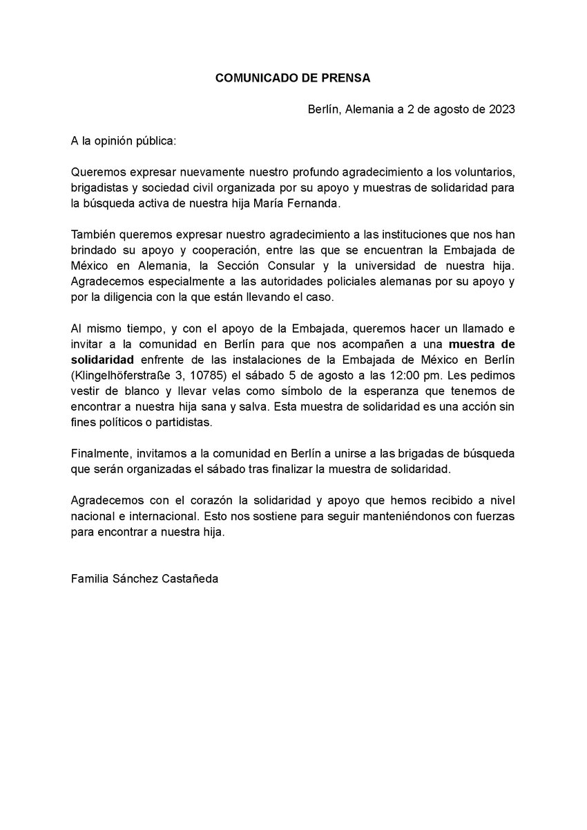 EmbaMexAle's tweet photo. En acuerdo con los padres de María Fernanda, compartimos su segundo #ComunicadoDePrensa. 

Colaboramos con la familia, autoridades, personas y grupos que participan en este esfuerzo. https://t.co/mg1ke0S9CF