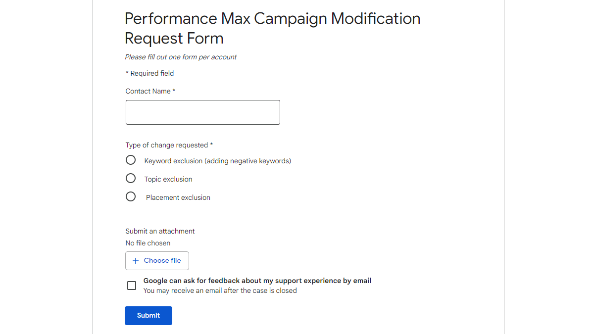 ¿Conoces este formulario especial para pedir exclusiones en las campañas Máximo rendimiento?
support.google.com/google-ads/con…
Sirve para:
✅ añadir palabras clave negativas
✅ excluir temas
✅ excluir emplazamientos
#GoogleAds #PPC #SEM