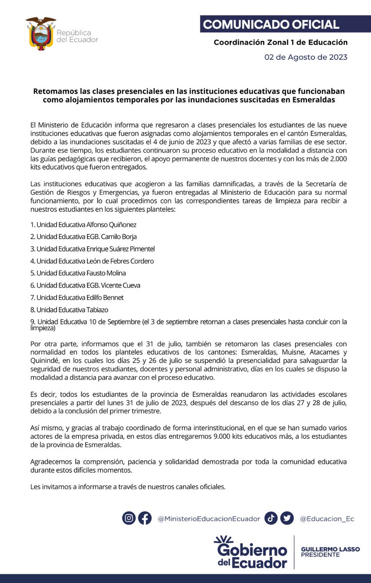 EducacionZ1Ec's tweet photo. [COMUNICADO] @EducacionZ1Ec informa a la comunidad educativa de Esmeraldas lo siguiente: https://t.co/heSmqdNwvO