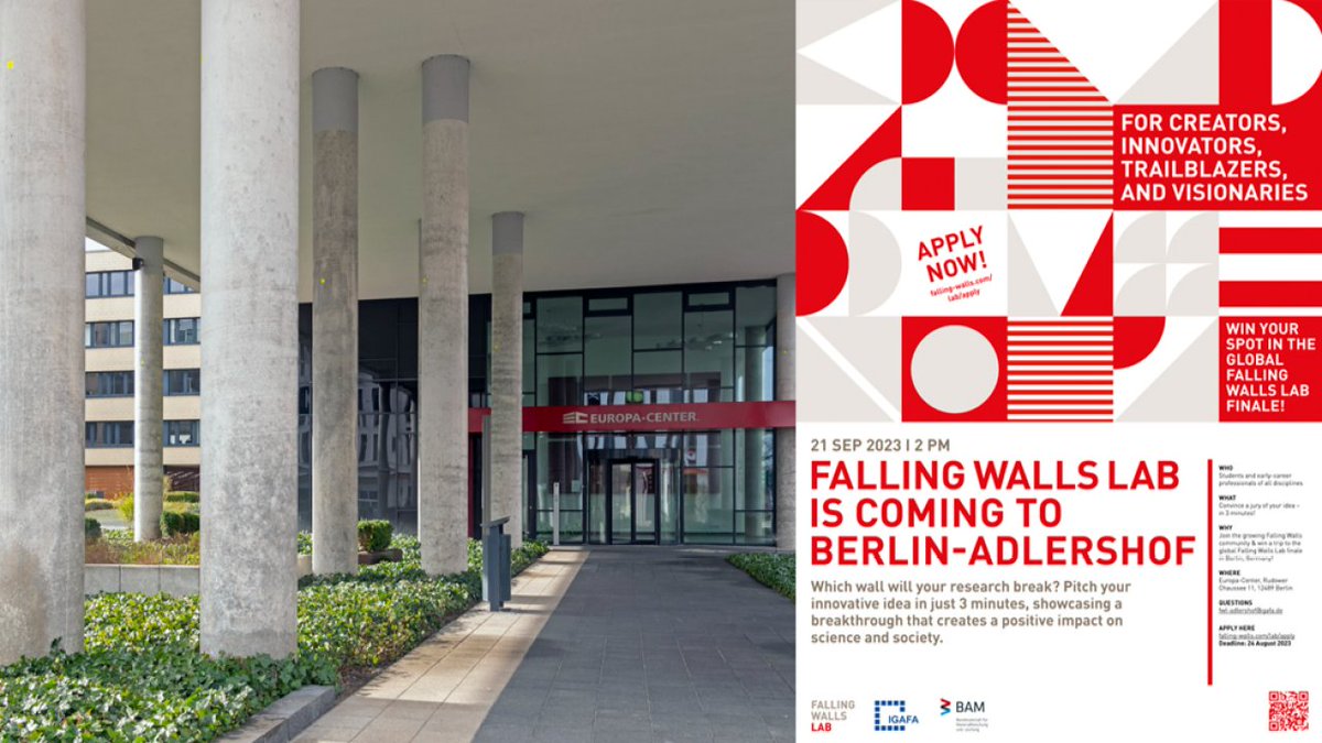 BAMResearch's tweet photo. ⏰Only three weeks left to be part of the party⏰
Admit your application till 24 August at https://t.co/fBzBoiBTcm, join the @FallingWallsLab community &amp; win your ticket for the #FallingWalls Science Summit 2023 + 500 Euro sponsored @IGAFAeV!😍 #SciencePitch #Berlin #Adlershof https://t.co/QvzThsNYEP