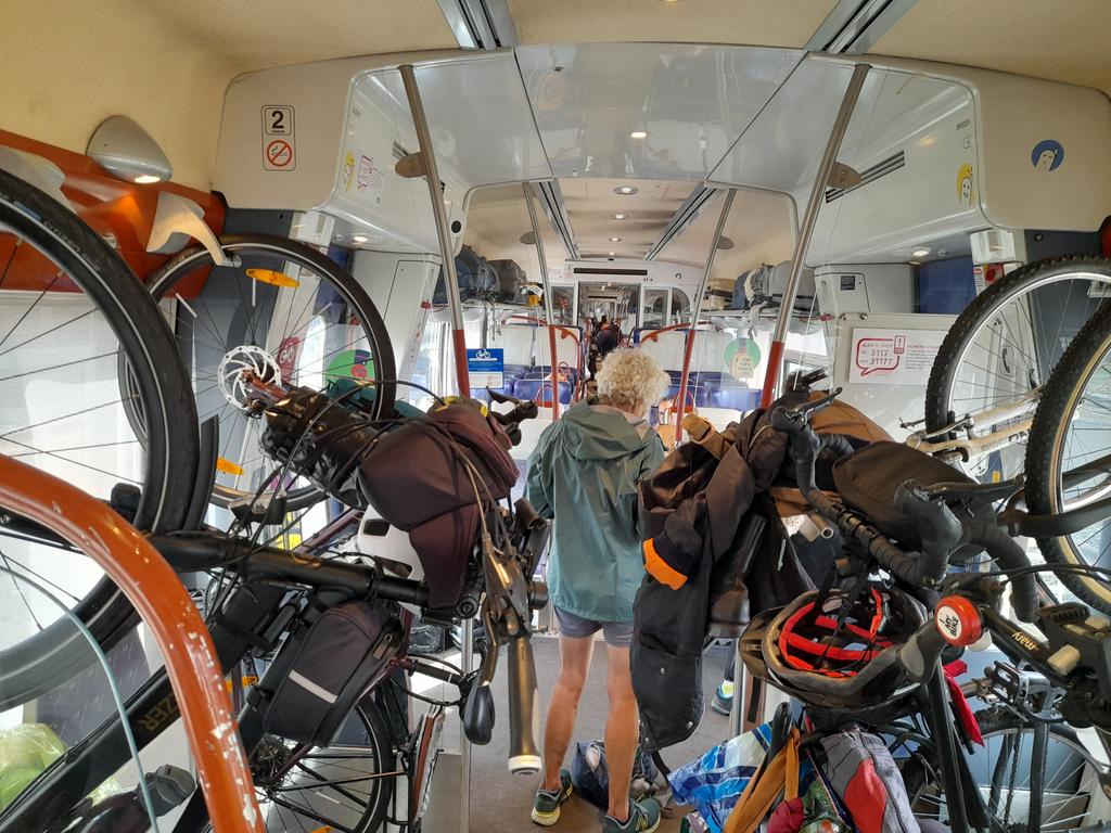 shellon2wheels's tweet photo. On a 2nd French train today. Small train. 3 carriages. Each carriage has space for 6 bicycles. That's 18 bicycle spaces. All full. So many cyclists. Inspiring. https://t.co/iJ177bopHk