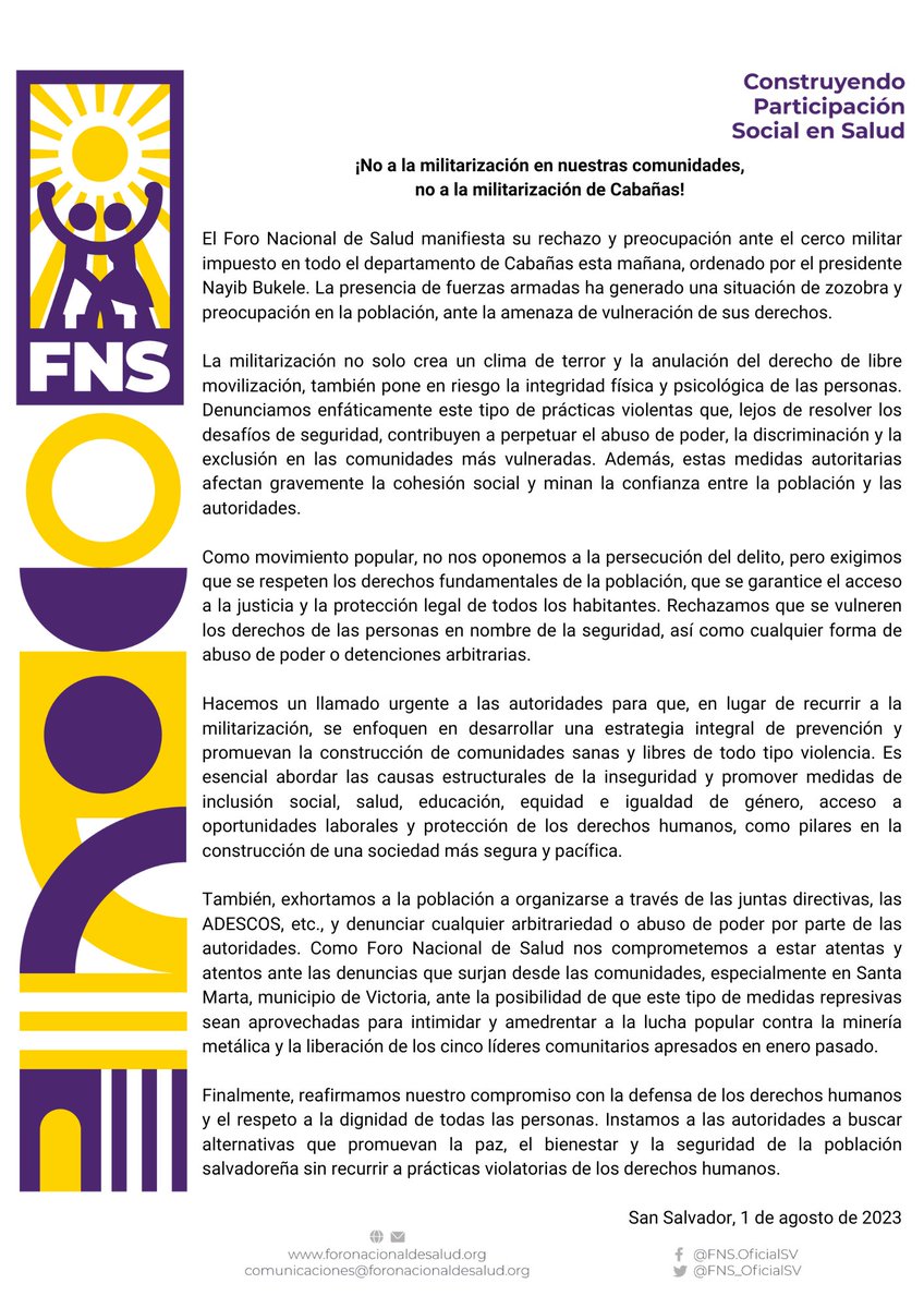 #RedArpas| El <a href="/FNS_OficialSV/">Foro Nacional de Salud</a> rechaza el cerco militar ordenado por el presidente Nayib Bukele, impuesto en el Departamento de Cabañas. 
Aquí los detalles 👇