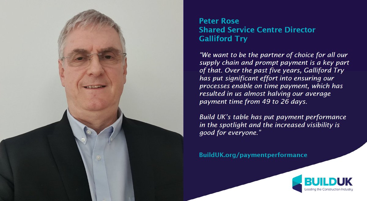 “We want to be the partner of choice for all our supply chain.”

- Peter Rose, @GallifordTry Shared Service Centre Director

🏗️Find out more about Build UK’s work to benchmark #construction’s payment performance below:

builduk.org/paymentperform…

#TransformingConstruction