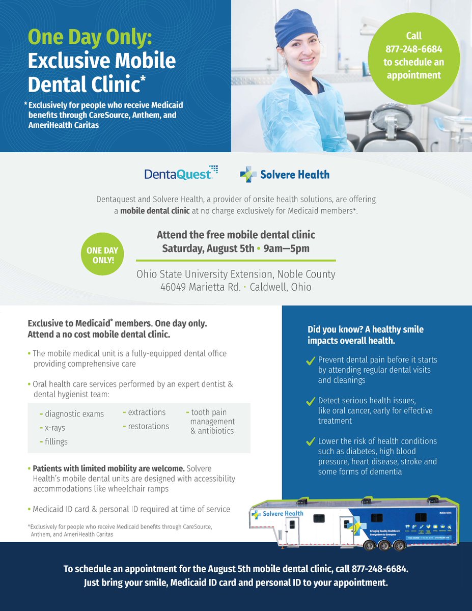 Mobile Dental Clinic Available in Noble Co. This Saturday - taking CareSource benefits