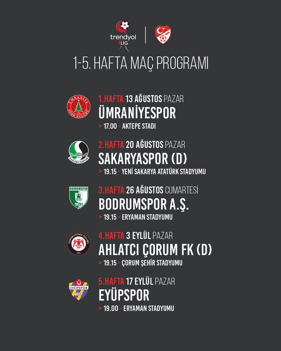 📌 Trendyol 1. Lig'in 1-5. haftasında oynayacağımız karşılaşmaların programı belli oldu. ❤️🖤

#kırmızıkaraburasıAnkara
#100yıl
#HaydiGençler
#BuŞehirdeYalnızDeğilsin