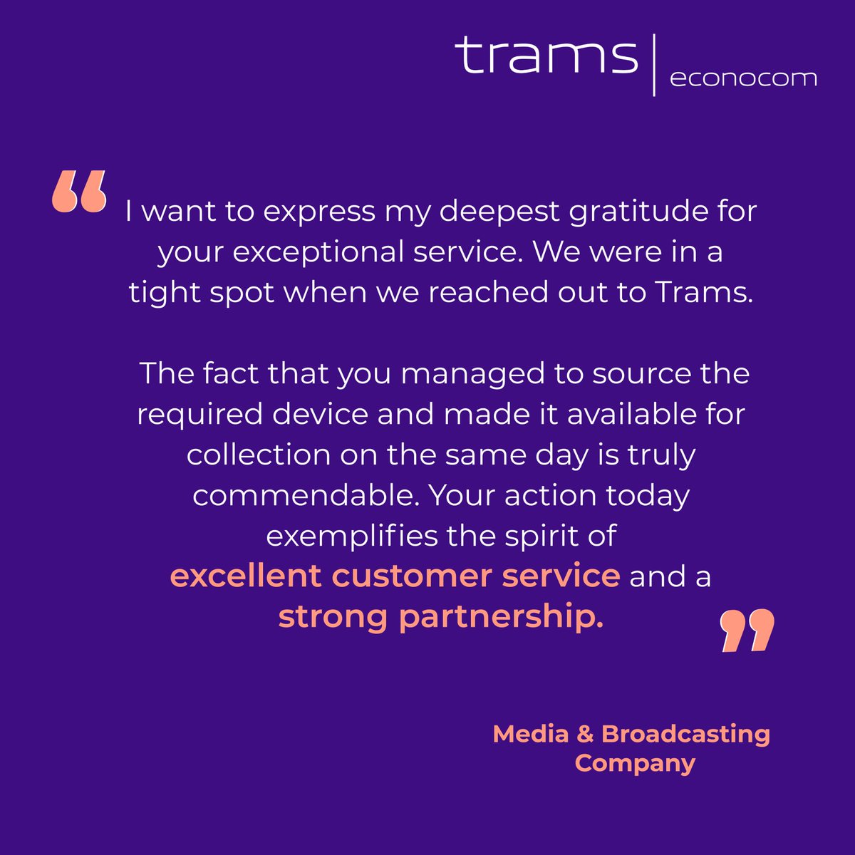 Trams | Econocom (@tramsltd) on Twitter photo Building strong partnerships is a key ethos at Trams|Econocom, and this testimonial reaffirms our commitment to delivering outstanding service. Our team understands that in today's fast-paced world, responsiveness and dedication are paramount. 
#CustomerService #Partnership Building strong partnerships is a key ethos at Trams|Econocom, and this testimonial reaffirms our commitment to delivering outstanding service. Our team understands that in today's fast-paced world, responsiveness and dedication are paramount. 
#CustomerService #Partnership