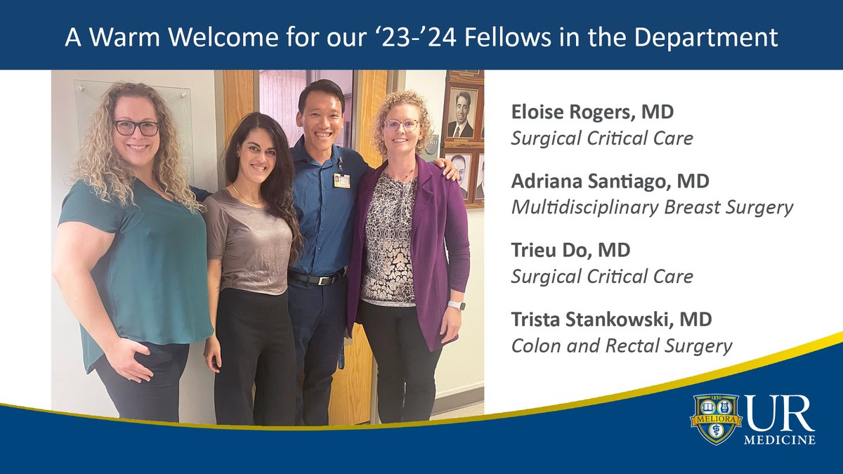 URMC Department of Surgery (@urochestersurg) on Twitter photo Introducing our four new, talented, fellows to the department: Eloise Rogers, MD; Adriana Santiago, MD; Trieu Do, MD; Trista Stankowski, MD! Welcome! <a href="/URMCSurgery/">URMC Surgery Residents</a> <a href="/URKesslerTrauma/">URMC Kessler Trauma Center</a> <a href="/URochester_SMD/">URochester SMD</a> <a href="/CrosshairsER/">Eloise Cross-Rogers</a> <a href="/LarissaTemple/">larissa temple</a> <a href="/najsw/">nicole stassen</a> Introducing our four new, talented, fellows to the department: Eloise Rogers, MD; Adriana Santiago, MD; Trieu Do, MD; Trista Stankowski, MD! Welcome! <a href="/URMCSurgery/">URMC Surgery Residents</a> <a href="/URKesslerTrauma/">URMC Kessler Trauma Center</a> <a href="/URochester_SMD/">URochester SMD</a> <a href="/CrosshairsER/">Eloise Cross-Rogers</a> <a href="/LarissaTemple/">larissa temple</a> <a href="/najsw/">nicole stassen</a>
