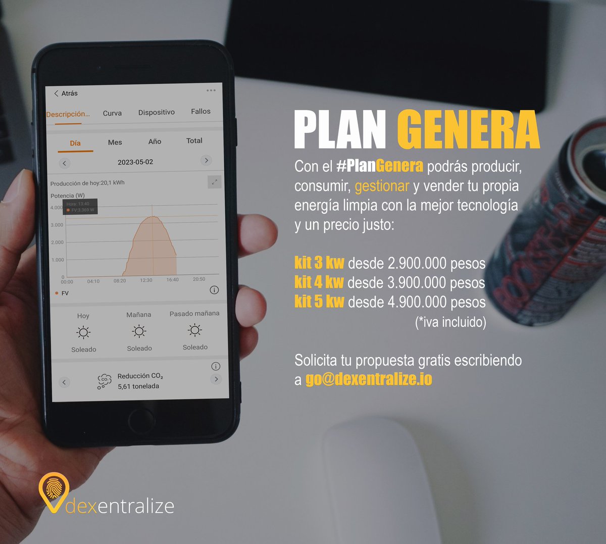 Únete al #autoconsumo con la mejor tecnología del mercado con el #PlanGenera de <a href="/dexentralize/">dexentralize</a>.

Podrás producir, consumir, gestionar y vender tu propia energía eléctrica 100% limpia.

Cotiza con nosotros ya!!!
#renovables #autoconsumo #internet #instalacion #tecnologia #datos