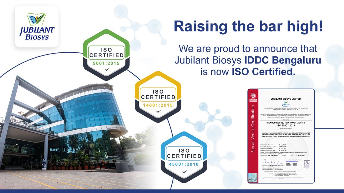 We are proud to announce that Jubilant Biosys IDDC, Bengaluru, has received 3 ISO certifications
ISO 9001:2015 - Quality Management Systems
ISO 45001:2018 - Occupational Health and Safety Management Systems
ISO 14001:2015 - Environmental Management Systems