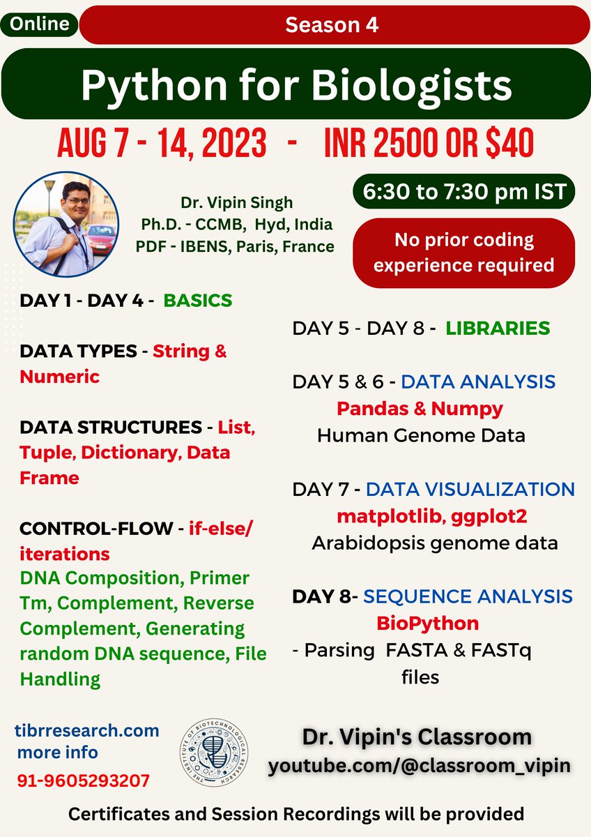 dr_vipin_singh's tweet photo. We are back - Python for Biologists - Season 4
Register here - https://t.co/yohHNJI9e7
#DrVipinsWorkshop #DrVipinsClassroom #Python #Biology #Biotechnology #Bioiformatics #LifeSciences https://t.co/u0JYZTvsDQ