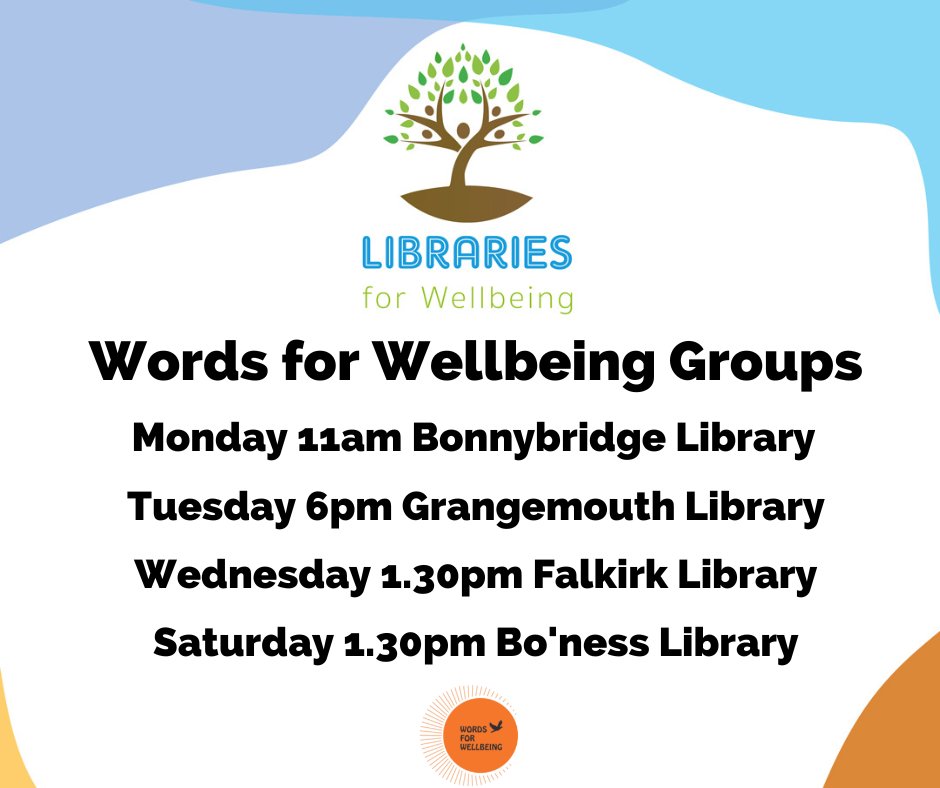 This week we have Words for Wellbeing Groups in Bonnybridge, Grangemouth, Falkirk and Bo'ness.
No need to book, drop in for a cuppa and a blether.
The groups are free, as are the refreshments.
#WordsForWellbeing #LibrariesForWellbeing #LibrariesAreEssential #Falkirk #Grangemouth