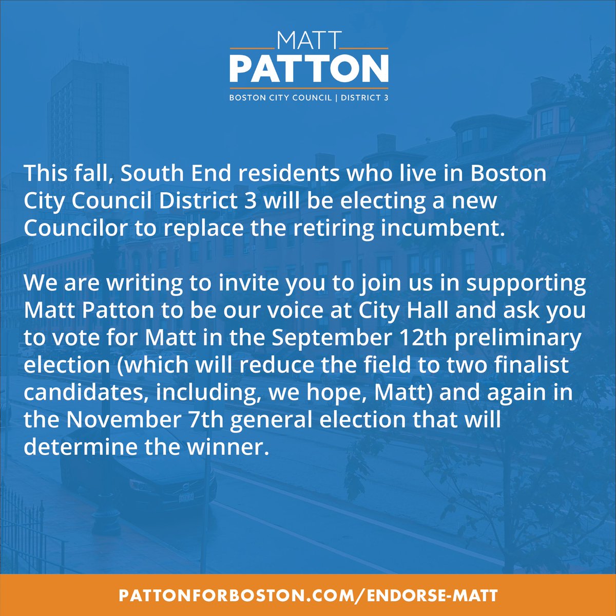 pattonforboston's tweet photo. We are so excited to welcome the South End voters to our campaign, we hope Matt’s passion for public service and his creativity for new ideas draws your support to his candidacy for Boston City Council. Scroll through the slides to learn more about Matt’s vision for the South End https://t.co/Yrqw6jTr31
