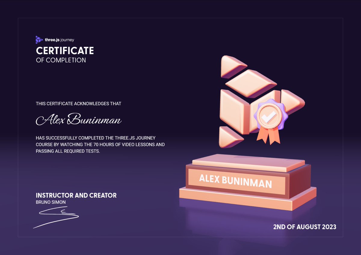 I finished the course, but my journey continues!
When I came across the course, I thought, "OMG! This is the guy who made the website with the red car!" I'm glad I can learn from you!
Thank you, <a href="/bruno_simon/">Bruno Simon</a>, for the wonderful course!

#threejsjourney #threejs