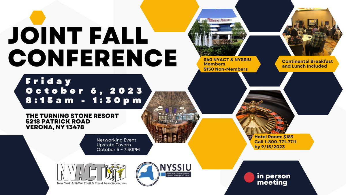 _NYACT's tweet image. Law Enforcement and Insurance Investigators! Register Today for the Fall NYACT NYSSIU Joint Conference.
bit.ly/3RAcI83
#autocrime #Insurancefraud #lawenforcement #nyact