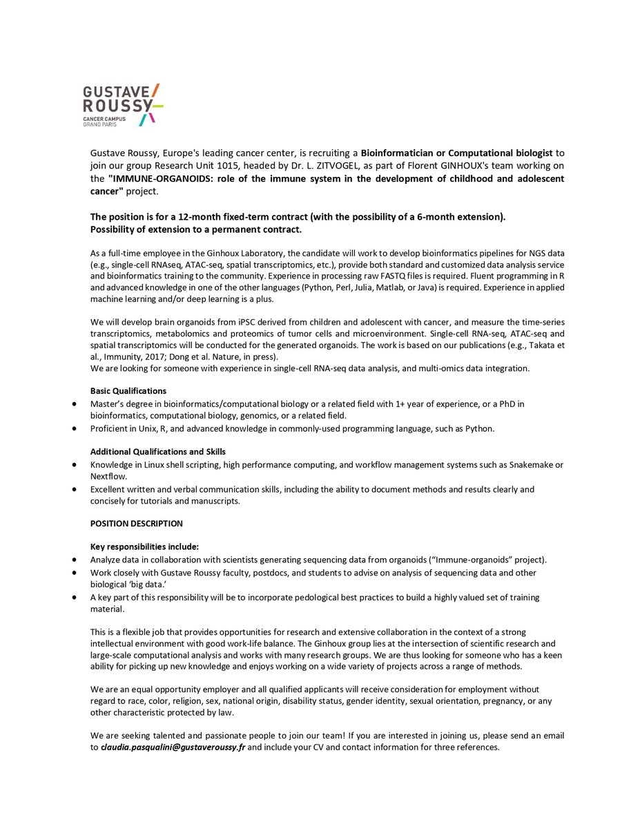 Claudia Pasqualini (@claudiapasq) on Twitter photo We are #hiring !
12/18-month contract with possibility of extension for #bioinformatician or #computationalbiologist in the laboratory of Prof. Florent Ginhoux (#GustaveRoussy).
Great opportunity to work on multi-omics data of #brain #organoids to study pediatric #cancer!🧠
 ⬇ We are #hiring !
12/18-month contract with possibility of extension for #bioinformatician or #computationalbiologist in the laboratory of Prof. Florent Ginhoux (#GustaveRoussy).
Great opportunity to work on multi-omics data of #brain #organoids to study pediatric #cancer!🧠
 ⬇