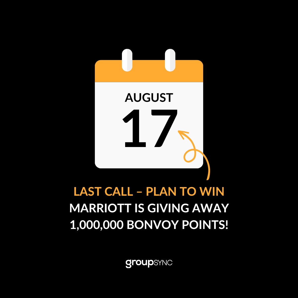 Groups360's tweet photo. LAST CALL 📣

Marriott International is giving away 1 million Bonvoy points!

Get details about the Plan to Win Giveaway &amp; and free GroupSync access here 🔗: https://t.co/2jpPeyQfIQ

#Marriott #MarriottHotels #MarriottInternational #TravelIndustry #GroupTravel https://t.co/0e9XtIUbB8