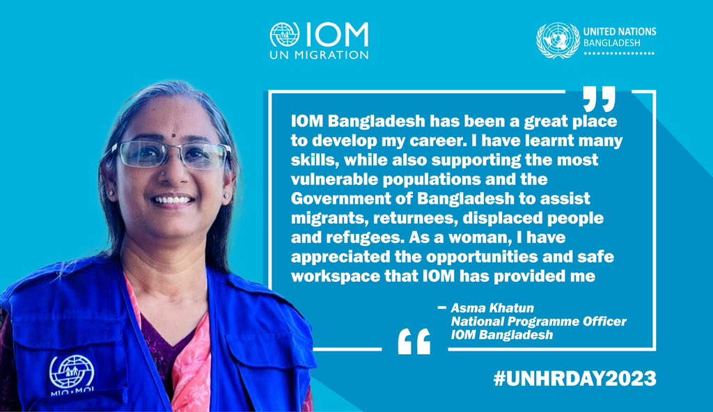 Did you know that @UNinBangladesh has been actively promoting #safe work environment for women?   🎤Let’s hear about it from one of our colleagues from @IOMBangladesh! #UNHRDay2023  Click 🔗iom.int/careers to look for career opportunities at the @UNmigration.