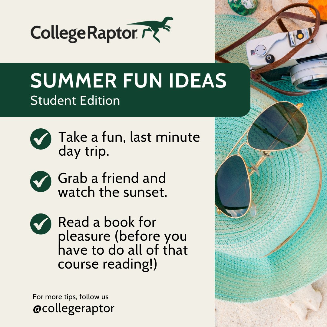 collegeraptor's tweet photo. Summer is already more than halfway over! How will you spend the rest of your time off? Share your favorite summer activities with us! We all need some inspiration to soak in those final days.

#summer #summerbreak #summertodolist #summerbucketlist #summertips #CollegeRaptor https://t.co/ZEXgglbDp9