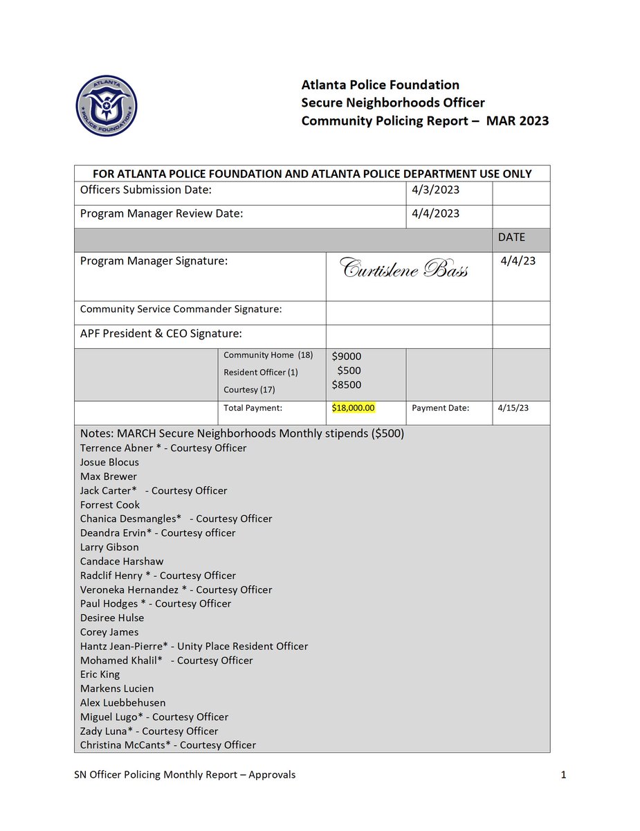 InoperableSink's tweet photo. The Atlanta police foundation paid out $18k in stipends to APD for "secure neighborhoods community policing" for the month of March #atlsafe #foia https://t.co/kKo55no9wA