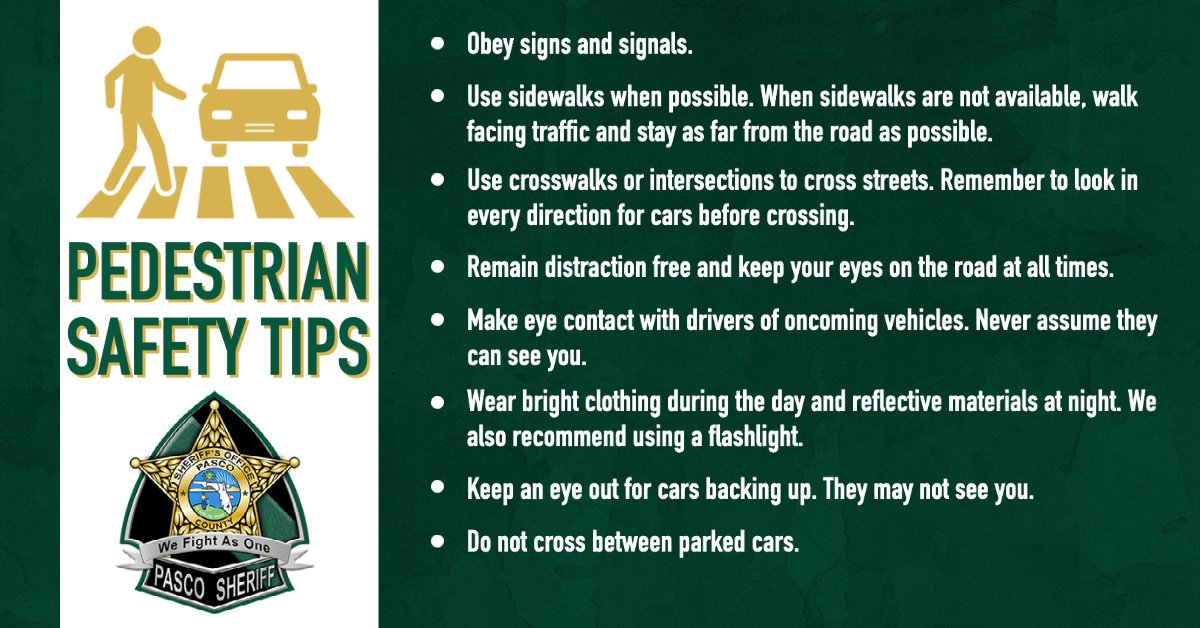 PascoSheriff's tweet photo. It’s almost time to go back to school! For those who walk to and from school, the Pasco Sheriff's Office wants you to know these pedestrian safety tips. Review the information below to keep yourself and others safe. https://t.co/wubbAu514H