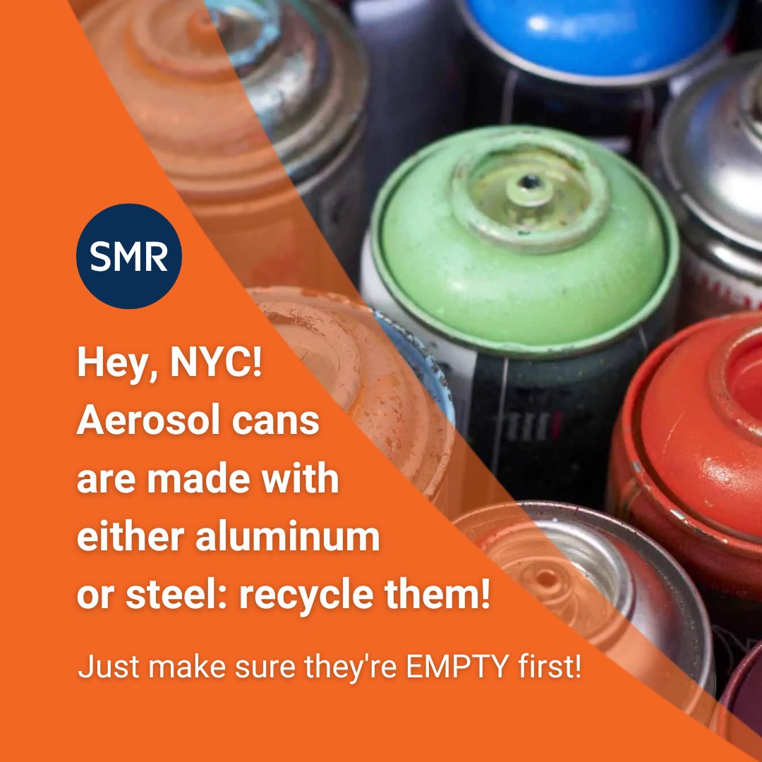 NYC! Did you know you CAN recycle EMPTY aerosol cans? In NYC, all mostly metal items ARE recyclable. Just remember, aerosol cans MUST be EMPTY! Live outside of NYC? Your recycling program MIGHT accept empty aerosols &amp; might not. Check your recycling guidelines &amp; #recycleright ♻️.