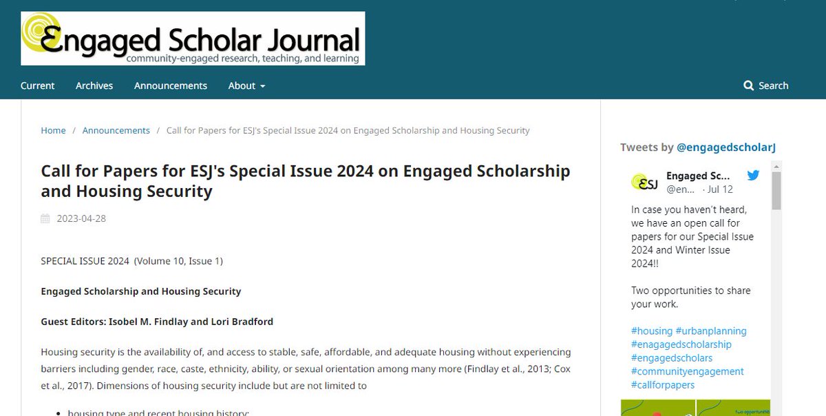 Publishing Opportunity: Engaged Scholar Journal is inviting scholars to submit publications for their upcoming Special Issue on Engaged Scholarship and Housing Security.

Learn more and submit by August 30th:
communityresearchcanada.ca/post/publishin…