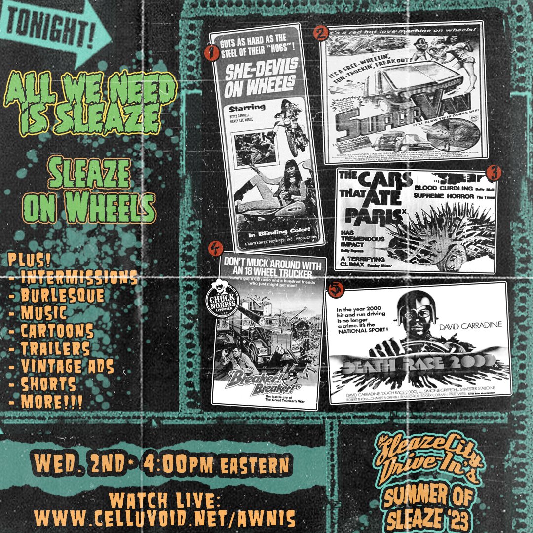 WeAllNeedSleaze's tweet photo. Hey #MutantFam ! Missing @therealjoebob and @kinky_horror ? Why not drop in for some Drive In Action? 
It's Sleaze on Wheel night at the Sleazy Drive In. Join us at 4:00 eastern til Midnight for movies, chat, and more at https://t.co/rmaOq4VUuR https://t.co/zvPIvpIl8L