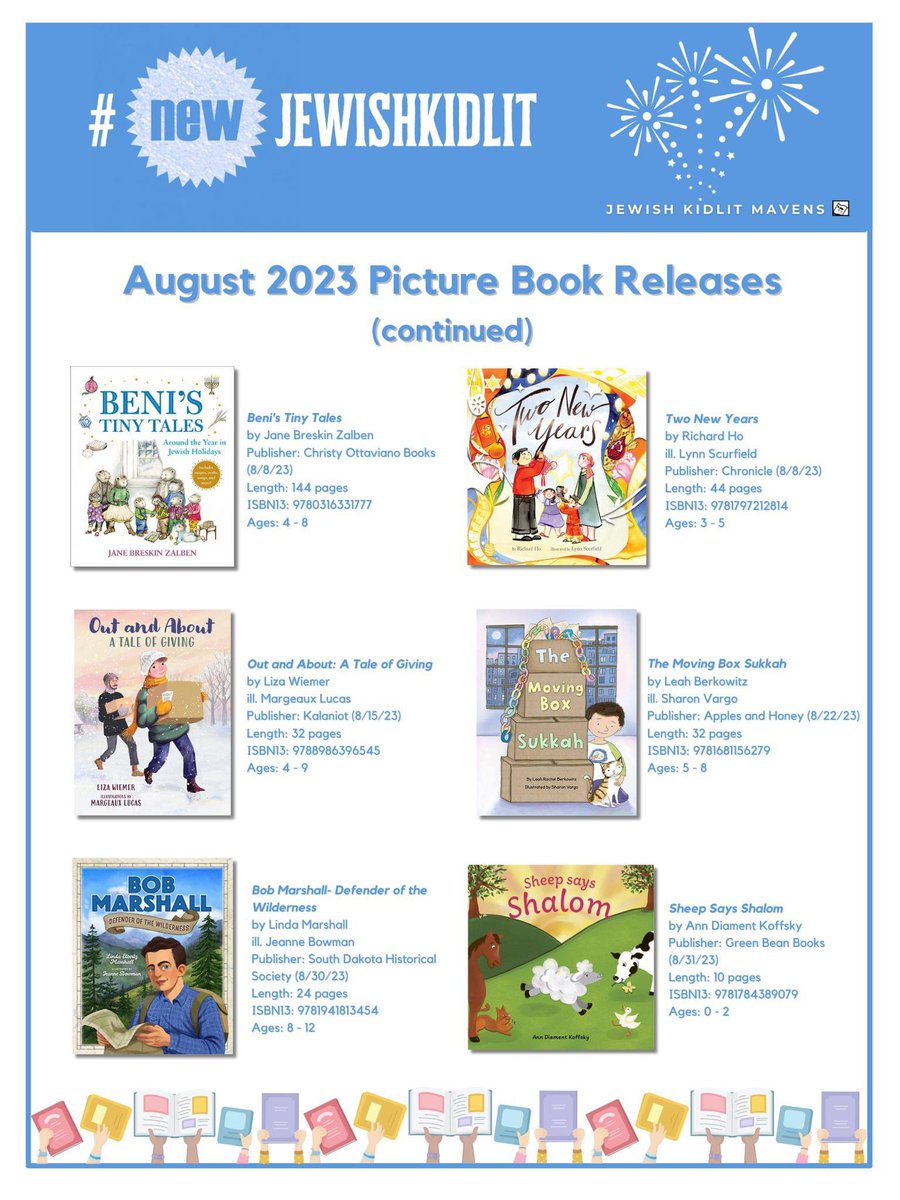 Shalom, #NewJewishKidLit! Welcome, August books <a href="/janezalben/">Jane Zalben</a> #ChristyOttavianoBooks <a href="/LittleBrownYR/">Little, Brown Young Readers</a> <a href="/HachetteUS/">Hachette Book Group</a> @RichardHo <a href="/richkarho/">Richard Ho</a> <a href="/lynndoodles/">🌷琳 Lynn Scurfield🌷</a> <a href="/ChronicleBooks/">Chronicle Books</a> <a href="/LizaWiemer/">Liza Wiemer || THE ASSIGNMENT</a> @MargeauxLucas <a href="/KalaniotBooks/">Kalaniot Books</a> <a href="/RabbiLRB/">Rabbi Leah Berkowitz</a> <a href="/sharonvargo/">Sharon Vargo</a> <a href="/AHPress/">Apples & Honey Press</a> <a href="/behrmanhouse/">Behrman House</a> @LEMarshall <a href="/nxiousbeans/">Jeanne Bowman</a>