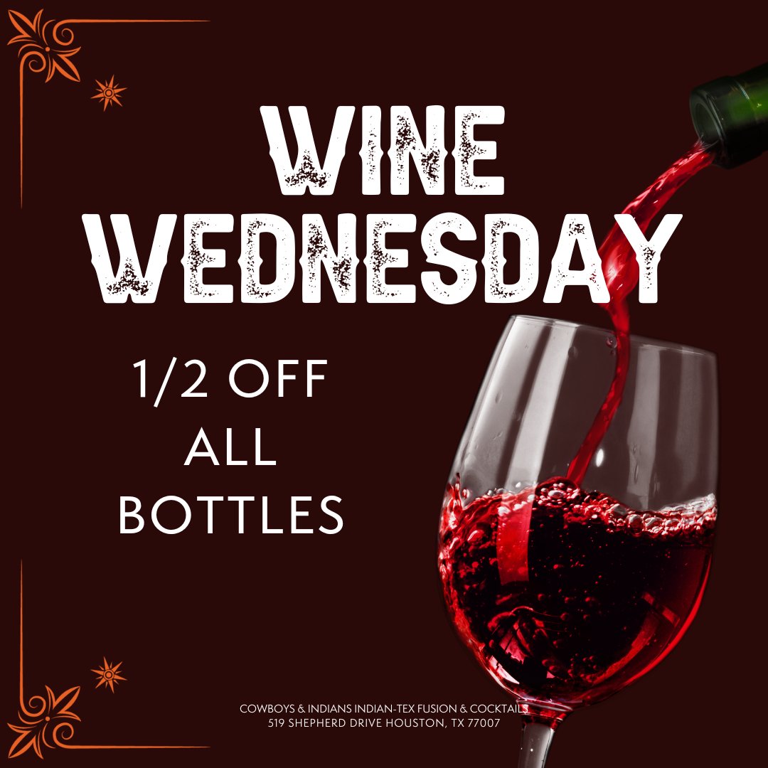 Cheers to #WineWednesday! We're uncorking some fantastic deals today at Cowboys & Indians! 🤠🍷 Indulge in the finest wines and elevate your midweek vibes!👌
#FoodAndWineLovers #RestaurantDeals #Cheers #houstonfoodie #WineLovers #wine #WineTime #CNI713