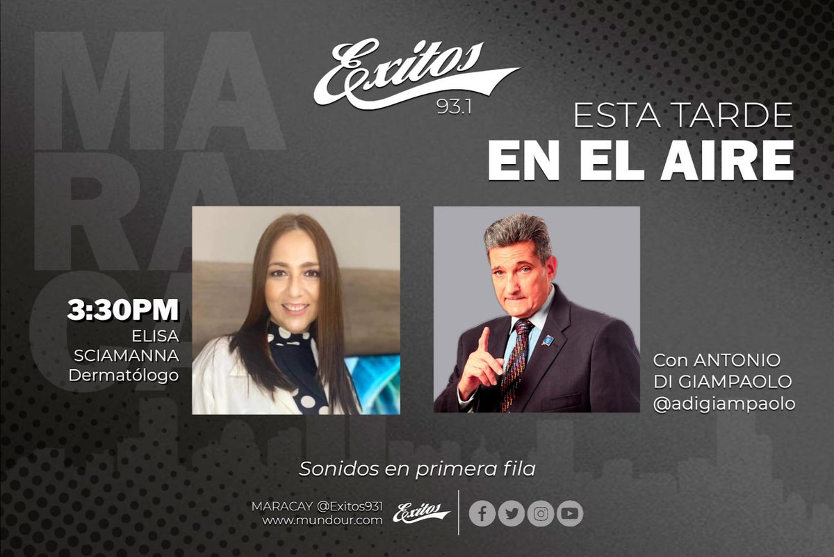 Hoy miércoles #02Ago #EnelAire Elisa Sciamanna, Dermatólogo, le dirá a <a href="/adigiampaolo/">Antonio Di Giampaolo Bottini</a> cómo evitar los #melanomas durante estas vacaciones por <a href="/Exitos931/">Éxitos 93.1 FM - Maracay</a>
#SomosUnión🎤