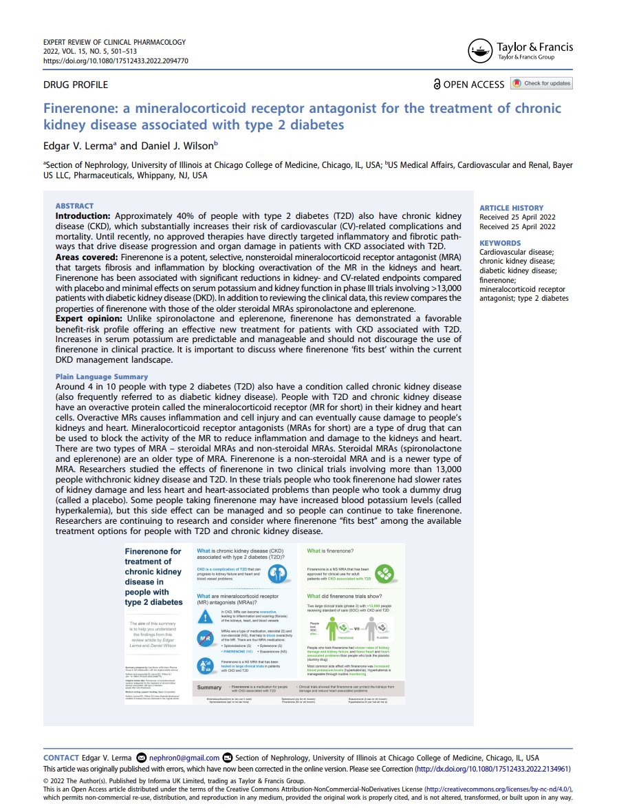 Finerenone: a mineralocorticoid receptor antagonist (MRA) for the treatment of CKD associated with type 2 diabetes (T2D) ca. 2022 #Nephpearls

tandfonline.com/doi/full/10.10…