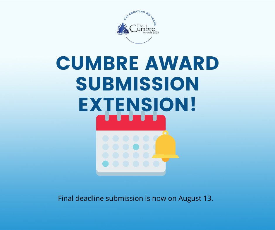The deadline to submit Cumbre Award Entries has been extended to Sunday, August 13, 2023 at 5 p.m. Be sure to enter your best #PR campaigns and tactics by then, for a chance to be recognized for your excellent work in #NM nmprsa.org/Cumbre_Awards