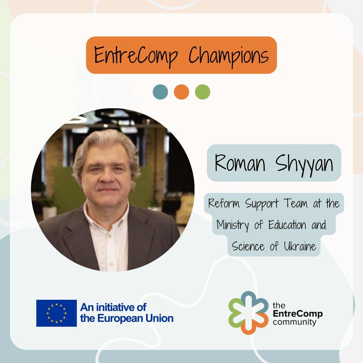 🏆 Meet Roman Shyyan, #EntreComp Champion! Leading In-service teacher training in Ukraine, driving entrepreneurship education through innovative projects.

🚀 He spearheaded the New Ukrainian School, transforming education with competency-based education inspired by EntreComp!