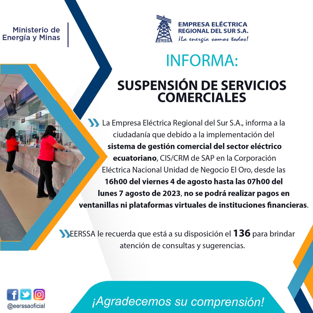 🔴ATENCIÓN | 

La Empresa Eléctrica Regional del Sur S.A informa que,  no habrá atención en el área de recaudación ni plataformas virtuales de instituciones financiaras, debido a la implementación del sistema comercial en la Empresa Eléctrica Nacional Unidad de Negocio El Oro.
