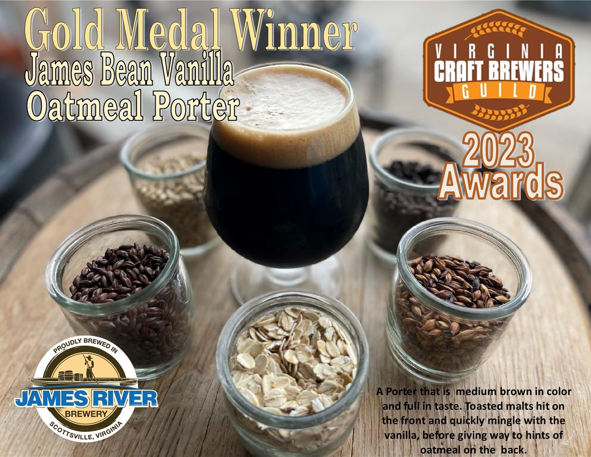 Congratulations James River Brewery Team!! James Bean Vanilla Oatmeal Porter was awarded the Gold Medal in the Porter Category with Virginia Craft Brewers Guild 2023 Cup Awards!!