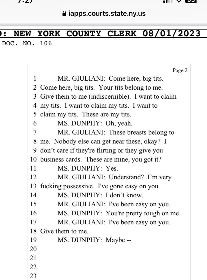Rudy Giuliani's former assistant, Noelle Dunphy, who accused the former NY mayor of sexual abuse, harassment and wage theft, has filed a series of transcripts of audio files and ... wow.