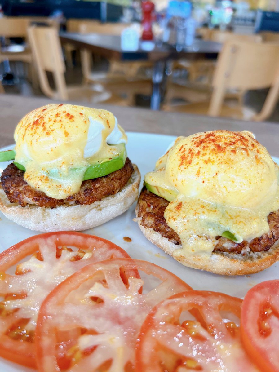 Try our limited time offer, the Crab Cake Hollandaise! Indulge in an English muffin topped with delectable crab cakes, avocado, poached eggs, and hollandaise sauce. You can enjoy this delightful dish alongside your choice of country griddled potatoes or tomatoes. #sunnysidegrill
